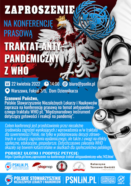 Plakat z zaproszeniem na konferencję prasową  Traktat Antypandemiczny WHO
